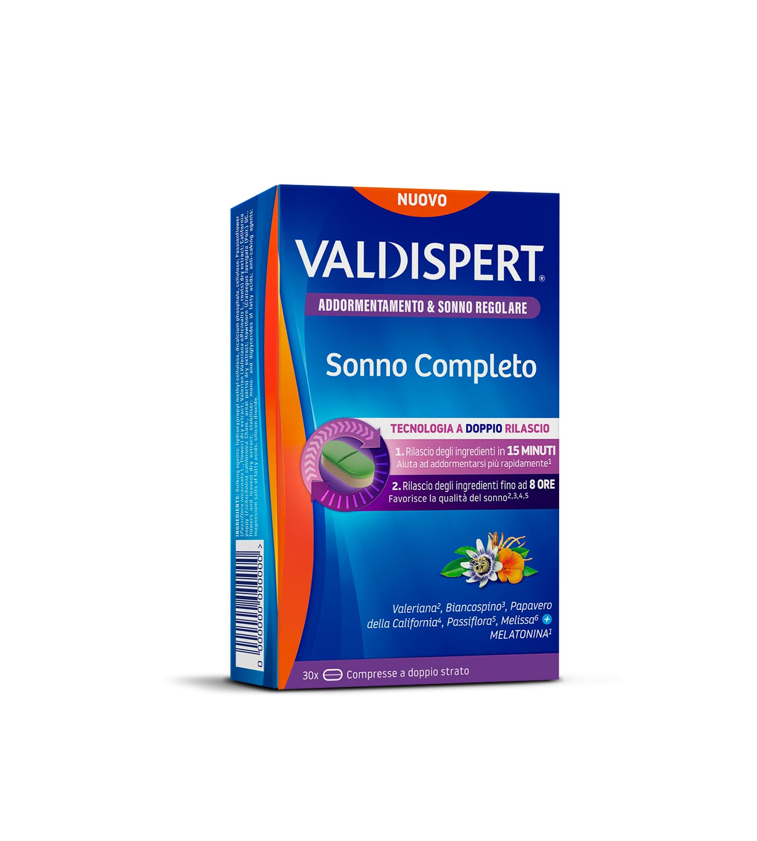 Valdispert Sonno Completo, 30 Compresse per l'Addormentamento e il Sonno Regolare con Melatonina, Valeriana, Passiflora, Biancospino e Papavero della California, Senza Glutine e Senza Lattosio