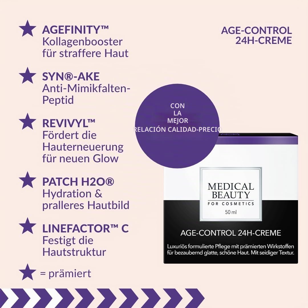 Crema facial antienvejecimiento Age Control 24H con ácido hialurónico y principios activos rejuvenecedores y reparadores, cuidado de día y noche de lujo para una piel visiblemente más suave, 50 ml