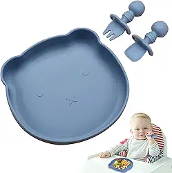 Conjunto 3 em 1 de Prato Antiderrapante para Bebê com Silicone Grau Alimentício - 1 Prato + 1 Colher + 1 Garfo Antitóxico e Higiênico (azul)