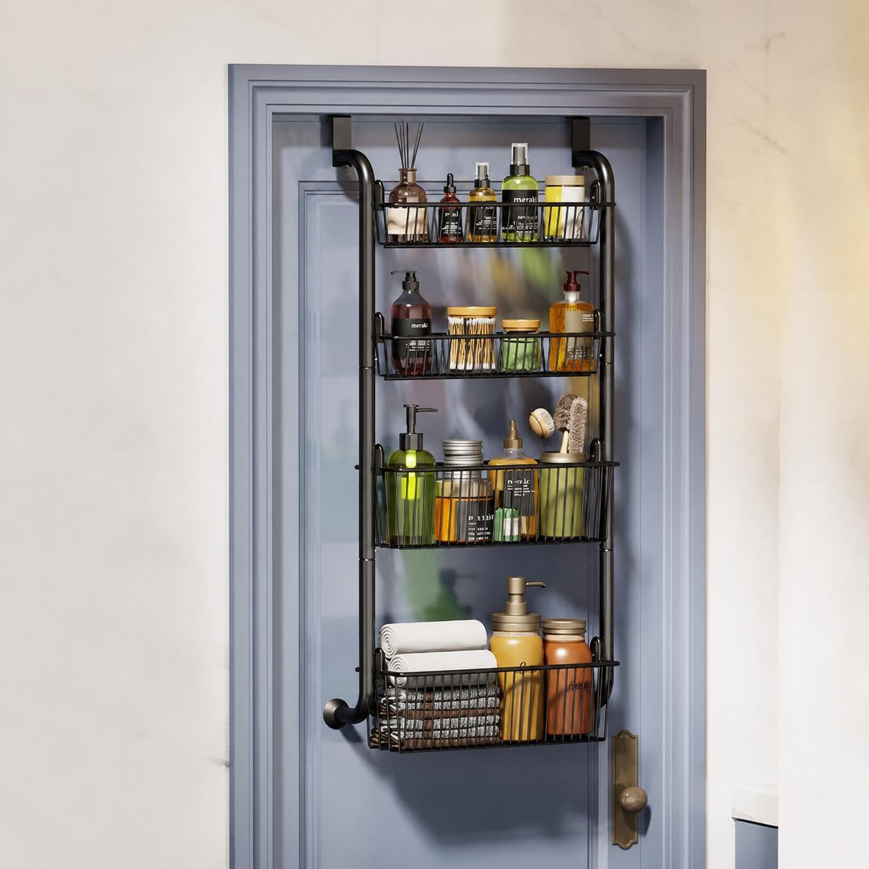 GarveeLife Over Door Storage, 4 Tier Pantry Door Organizer Shelves with Adjustable Baskets & Strong Stabilizing Suction Cups, Metal Hanging Spice Rack for Kitchen, Bathroom, Bedroom