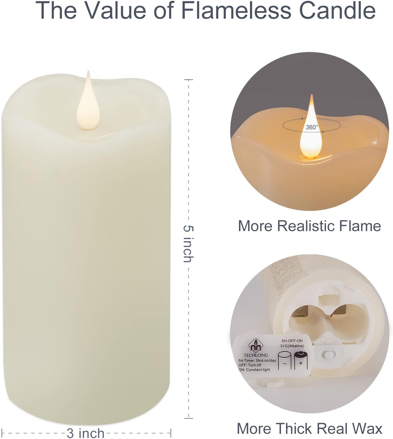 Flickering Flameless Candles with 3D Moving Flame, Last 1000+ Hours Battery Operated Candles with Timer, Ivory Real Wax Pillar Electric LED Candle for Wedding Christmas Party/3" x 5" - Image 2