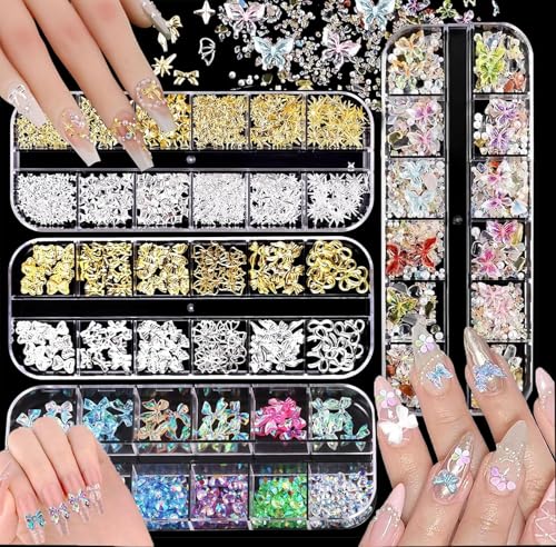 Lot de 4 Boîtes Strass Ongle Nail Art avec Bijoux Ongles -Deco Ongle Étoiles en Métal,Papillons Ongles Nail Art Charms,Kit Nail Art Accessoires Design Faciles