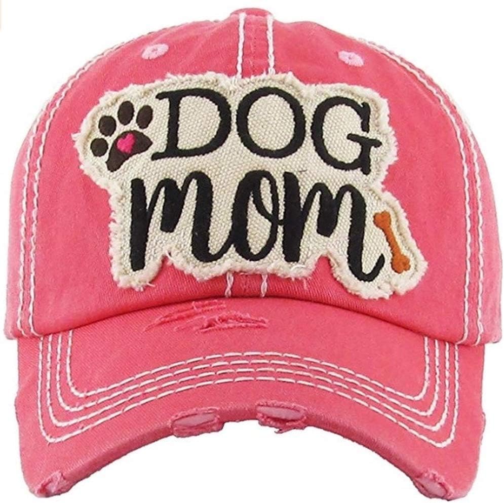 JUS LABS Embroidered Vintage Distressed “Dog Mom” Hat - Sun Hats for Women - Best Outdoor Apparel - Perfect Ballcap - Hot Pink