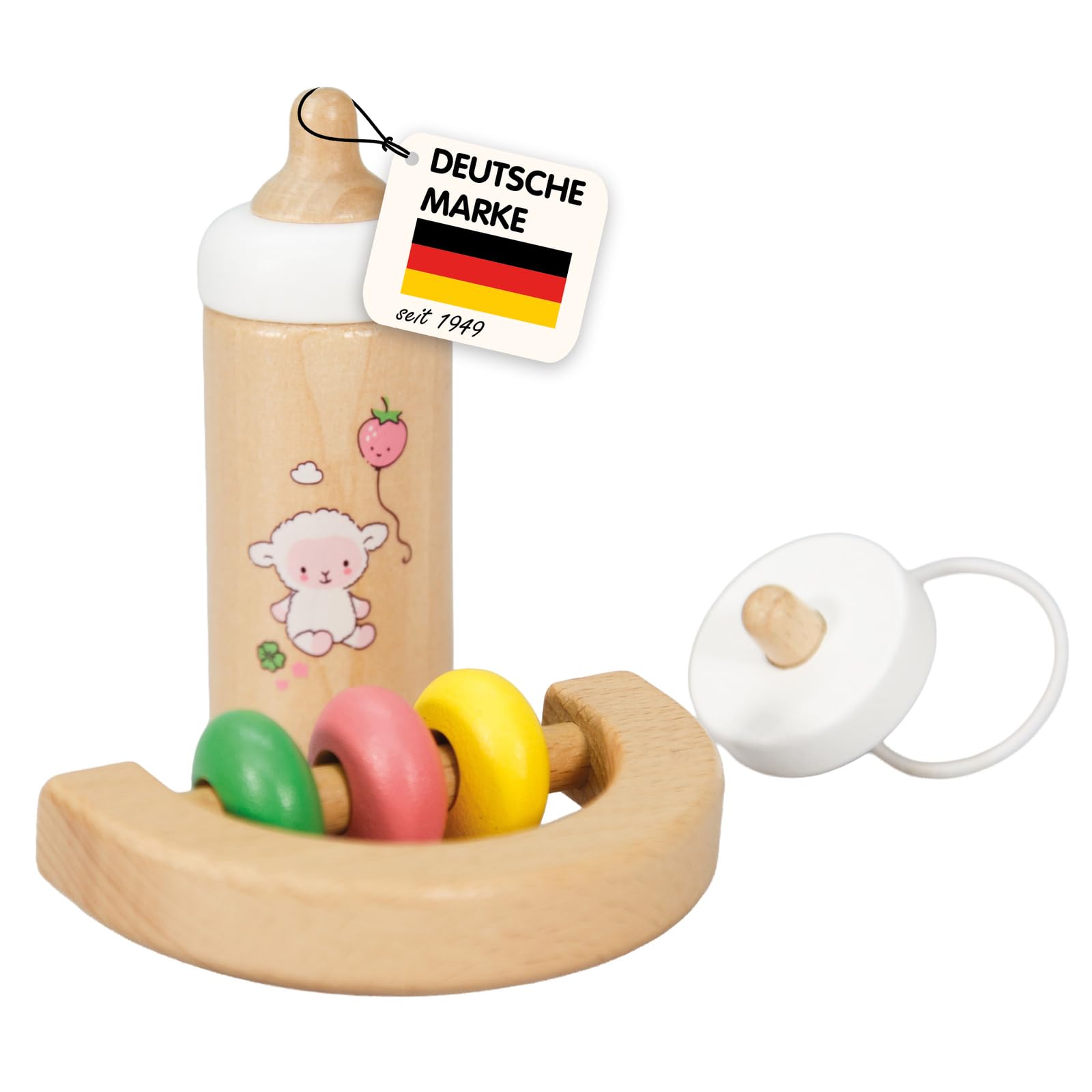 Heless 685 Wooden Sheep Doll Baby Set 3 Piece Set in Wood Colour with Bottle, Dummy and Rattle