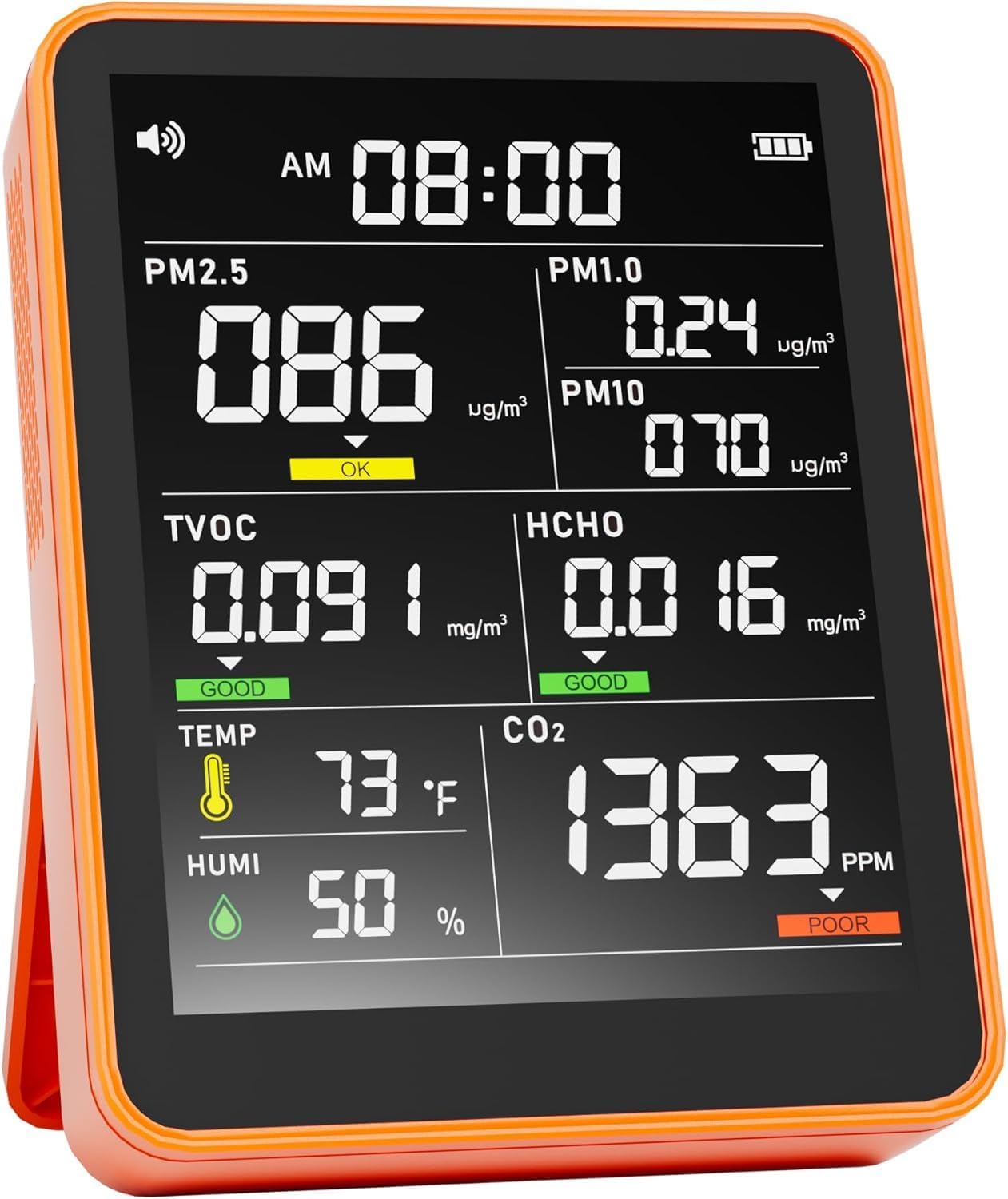 Moniteur de qualité de l'air intérieur, 13 en 1, testeur de qualité d'air intelligent avec PM 2,5, CO2, TVOC, HCHO, PM1, AQI, PM10, température et humidité, affichage en temps réel, alimenté par batterie, pour la maison et le bureau (persimmon)