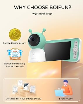 BOIFUN 2026 Upgraded 2K WiFi Baby Monitor with Camera and Audio, Smart Night Light, APP & 5 Split-Screen Control, Motion/Cries/Sound/Custom Alarm Zone Detect, Auto Tracking, Humidity Temp Detect