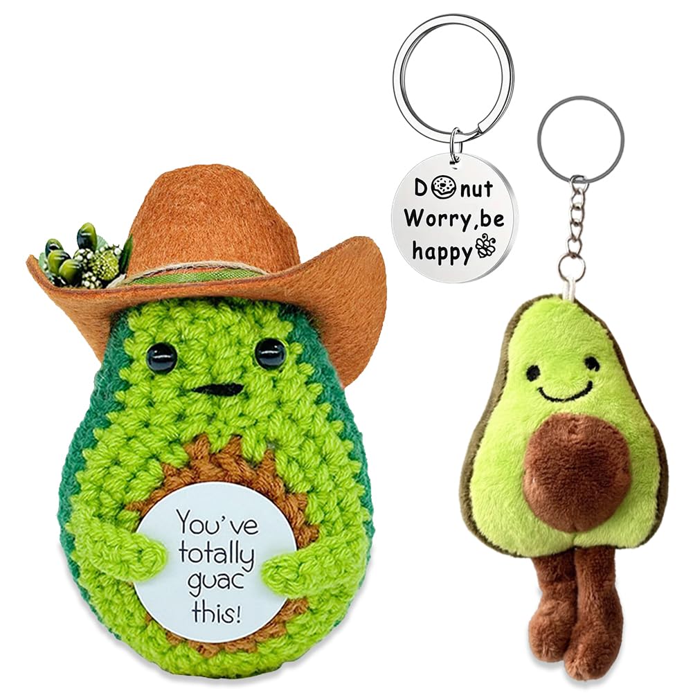 Crochet Avocado Plush, Positive Affirmation Doll with Keychains, Cute Soft Fruit Plush Toy for Desk Decor, Inspirational Gift for Women Girls, Funny Emotional Support Gift 3pcs