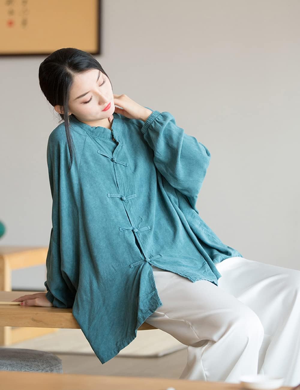 NFYM Women's Retro Button Down Shirts Open Front Long Sleeve Chinese Style Loose Fit Tang Suit Blouse Tops