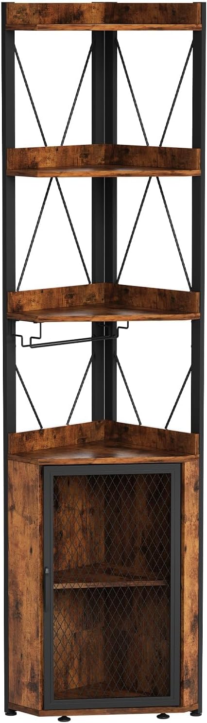 Space-Saving Corner Bar Cabinet, 5-Tier Freestanding Wine Rack with Glass Holder, Adjustable Shelves, Mesh Door, Liquor Storage Sideboard for Home Bar, Dining Room, Kitchen - Brown