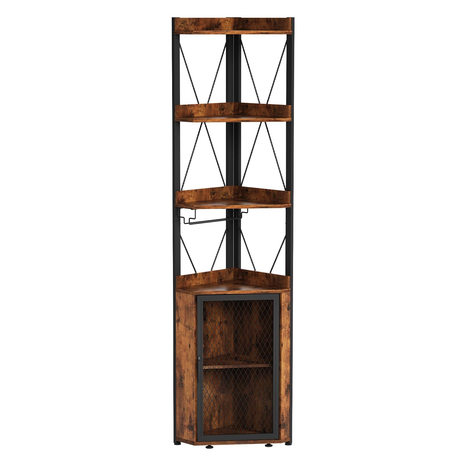 Garvee Eckregal Stehend Holz 178 cm, 5 Ebenen Eckschrank Schmal mit Weinflaschenhalter & Weinglasständer, Standregal mit X-förmigem Schutznetz, Weinschrank Barschrank für Wohnzimmer Küche, Braun