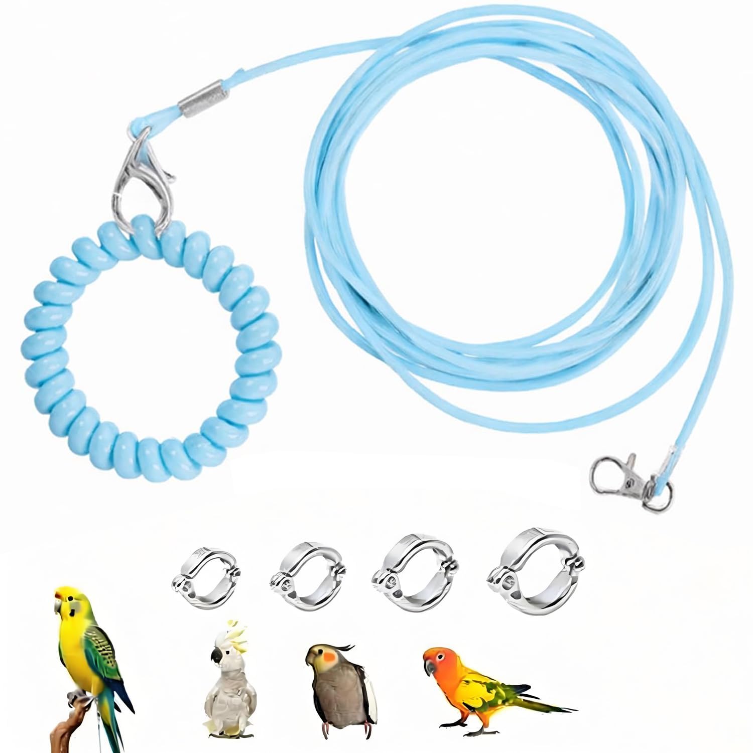 300 cm Bird Harness, with 4 Different Size Foot Ring, with Anti Lost Bracelet, Retractable Anti-Bite Parrot Harness, Bird Flight Training Rope for Budgies,Cockatiels (Blue)-image-33