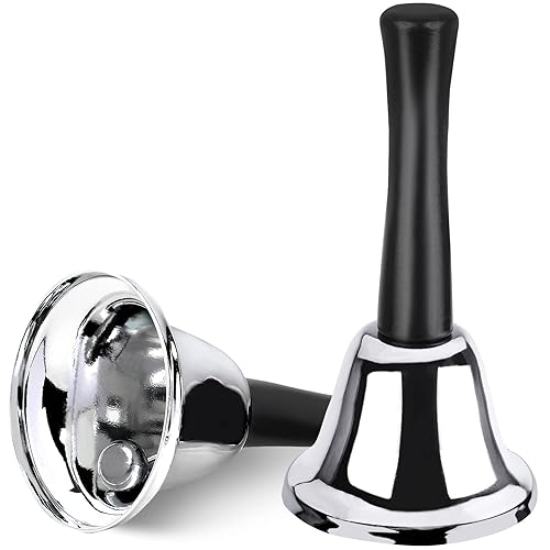 2 Pack Hand Bell, Silver Steel Bell, Ringing Bell with Handle, Dinner Bells for Inside Classroom Bell, for Food Line, Alarm, Jingles, Ringing (Silver) - 2 Pack