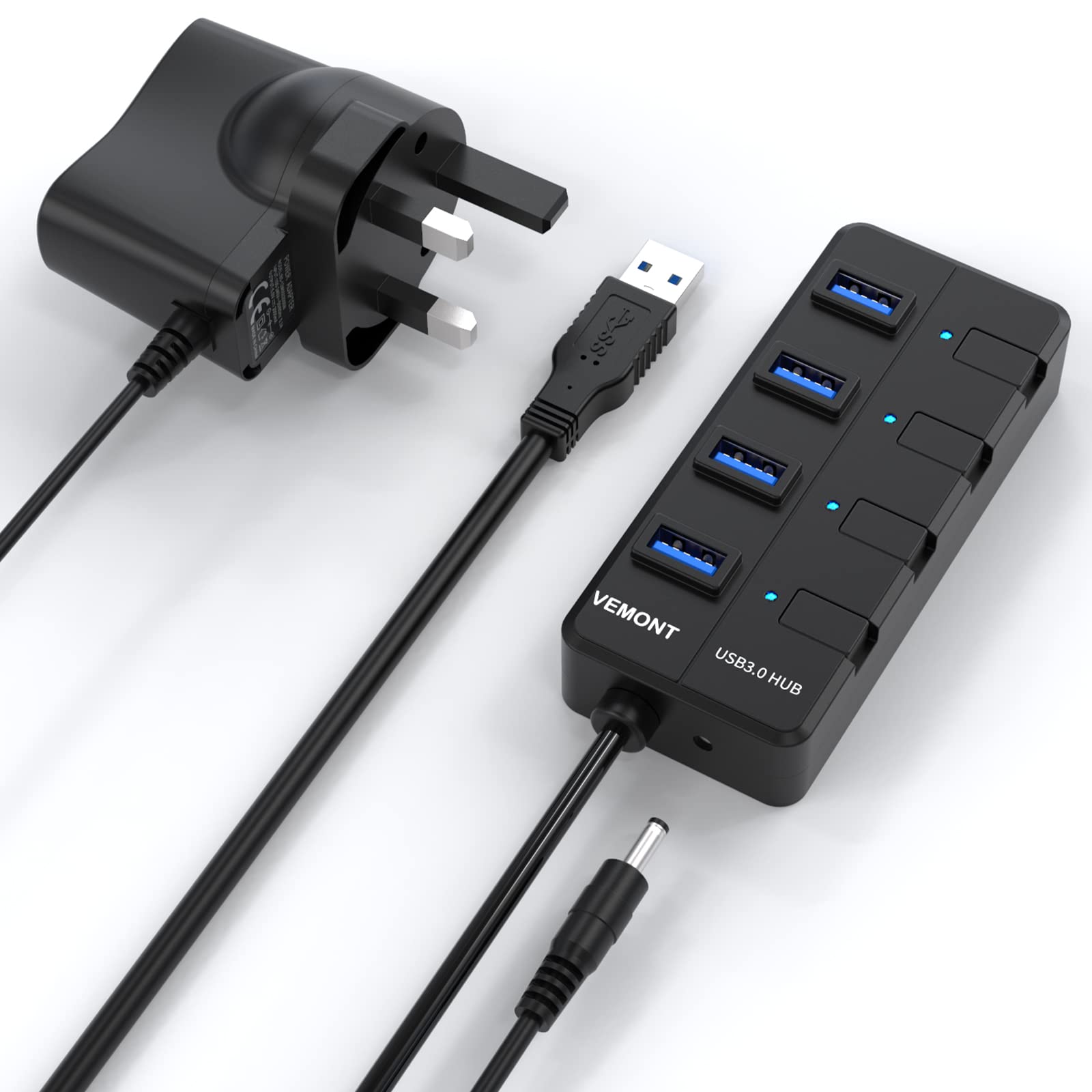 Powered USB Hub 3.0,VEMONT 4 ports SuperSpeed USB Hub with Power Supply,USB Splitter Powered with Individual on/off LED Switches and 3.9ft/1.2m Long Cable for PC/Laptops/Ultrabooks/Desktops