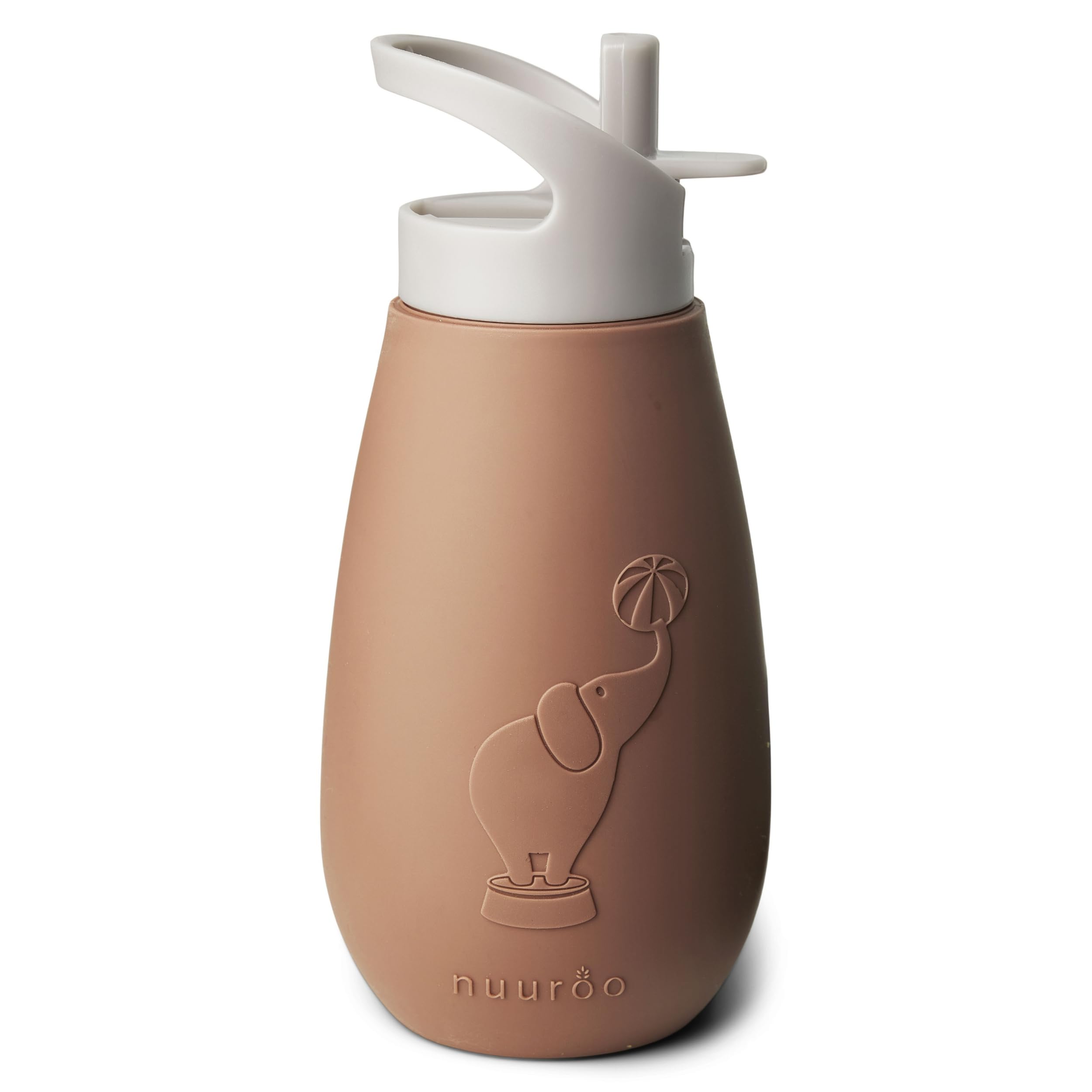 NUUROO Pax Silicone Drinking Bottle – 350 ml Reusable Kids Water Bottle with Circus Elephant Design, LFGB Food-Grade Silicone, BPA-Free, Designed in Denmark (Chocolate Malt)