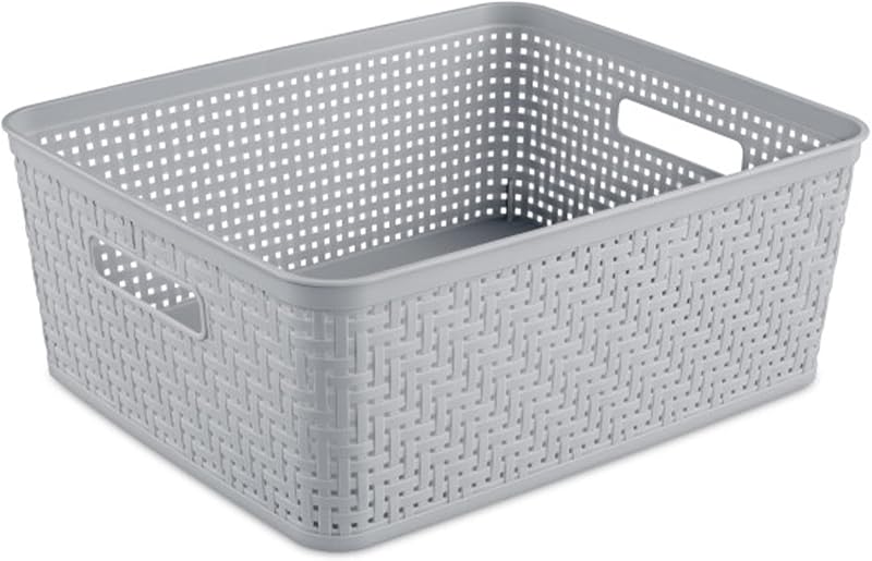 Sterilite Cesta corta con patrón de tejido rectangular de 14.0 x 11.5 x 5.0 in con asas para baño, lavandería, despensa y organización de almacenamiento de armario, cemento