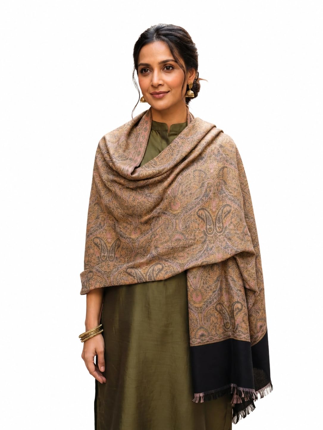 Women's Paisley Woven Wool Shawl Wrap, Taupe Beige with Black Border-image-31