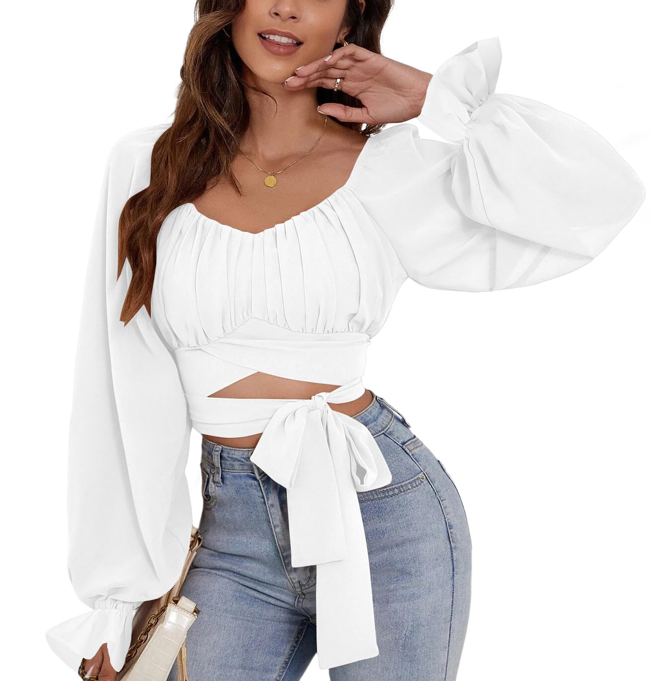 Rooscier Women's Ruched Wrap Square Neck Flounce Long Sleeve Self Tie Crop Top Blouse