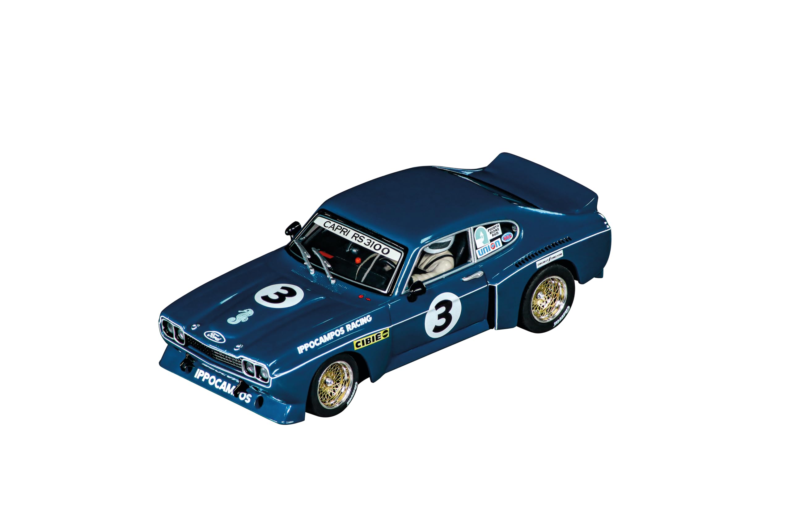 Carrera Evolution 20027834 Ford Capri RS 3100 "Ippocampos Racing, No.3 I 1:32 Scale Slot Car I With Working Front & Rear Lights I Suitable For Ages 8 Years+, Blue