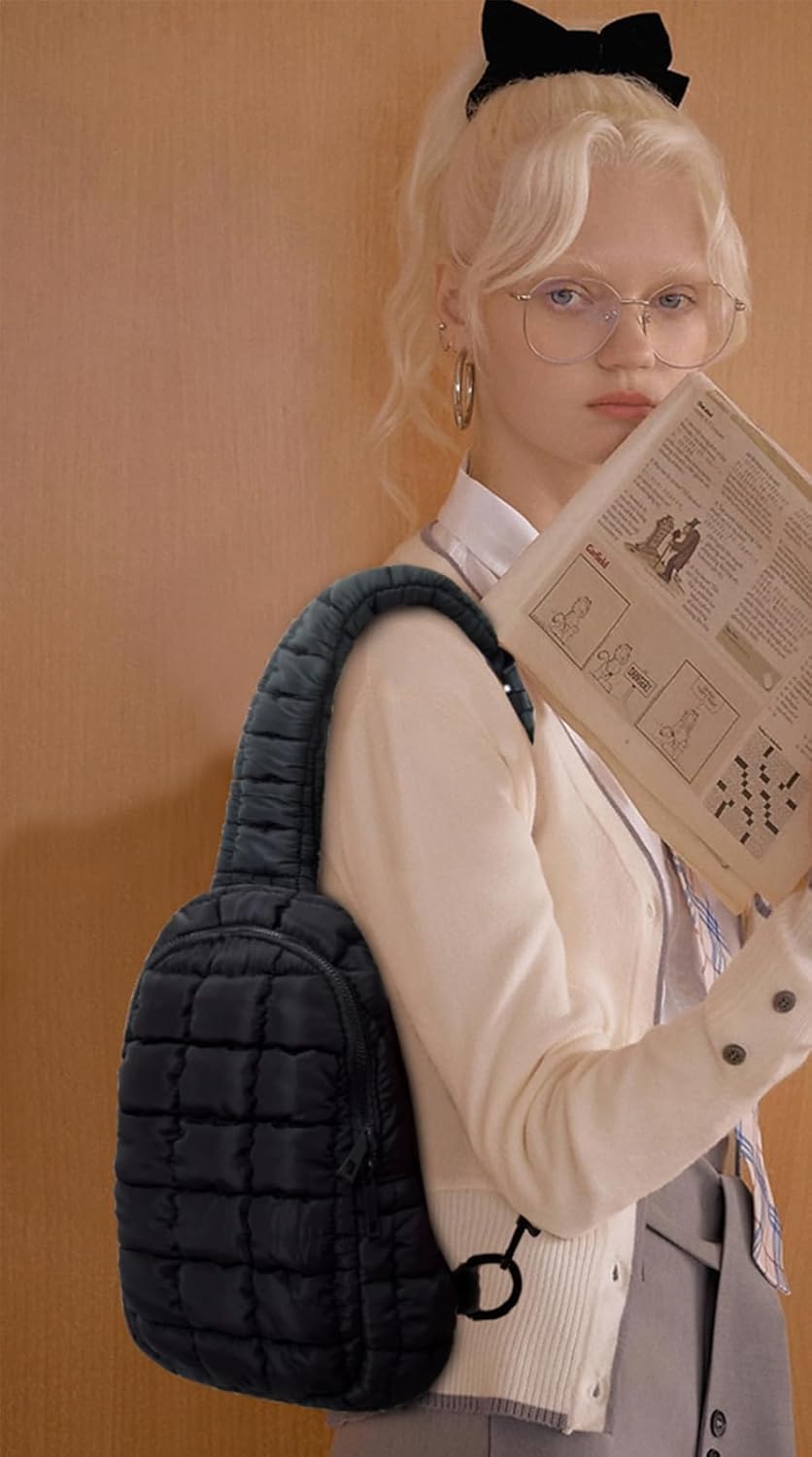 Puffer Tote Bag for Women, Quilted Mini Chest Bag, Lightweight Travel Trip Bag (Black)
