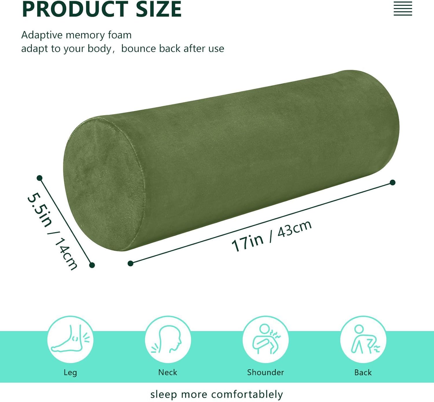 YETTASBIN Olive Green Solid Color Cylinder Round Pillow for Neck Pain Relief, Soft Breathable Bolster Travel Memory Foam Pillow with Removable Washable Cover for Bed Sleeping, Head, Legs and Back - Image 3