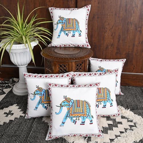 Image of Cushion Covers 16x16 Inch - Hand Block Floral Print Pillow Covers for Sofa, Couch & Bedroom Multicolor, (Pack of 5)