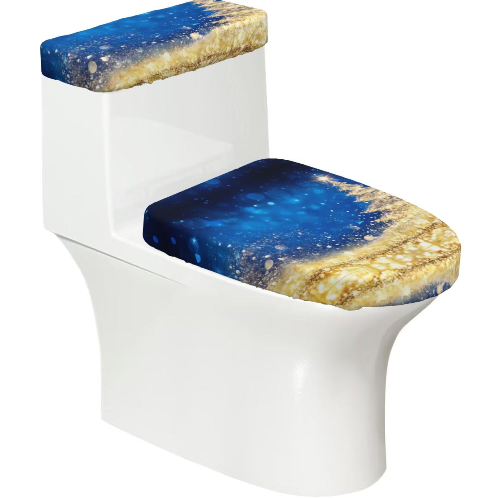 Golden Glitter Christmas Tree 2-Piece Toilet Seat Cover Set with Tank Lid - Elastic for U-Shape & Elongated - Bathroom Decor