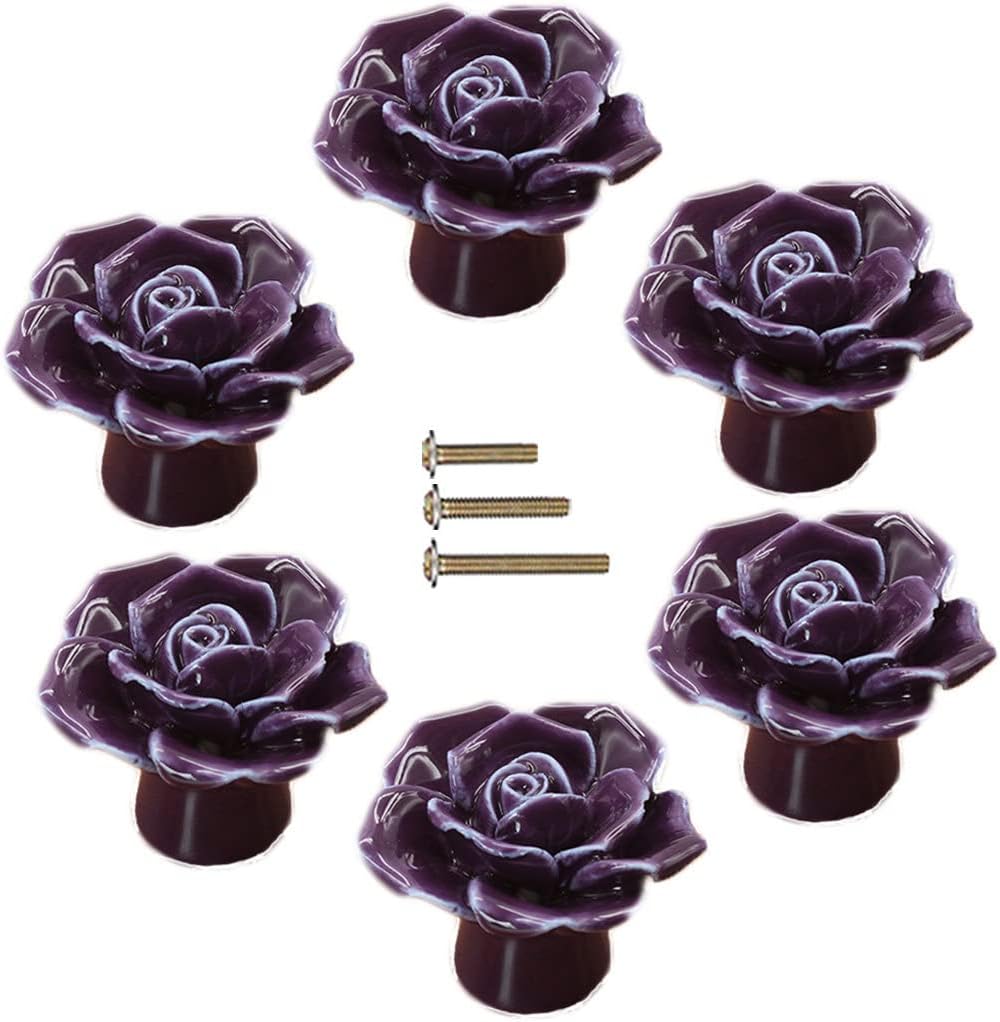 Ceramic Elegant Rose Flower Cabinet Knobs, 6Pcs Purple Vintage Kitchen Rose Flower Drawer Knobs Pull Handles for Girl's Room Dresser Cupboard Wardrobe with 3 Size Screws (6 Pack, Purple)