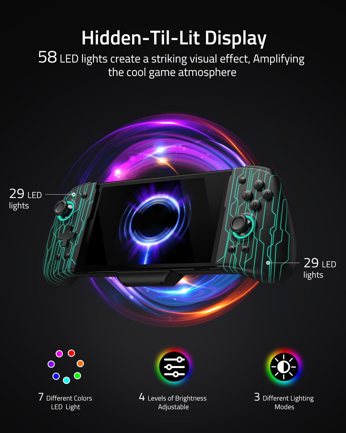 PALPOW Controller Switch luminoso – Compatibile con Nintendo Switch/OLED, design Luminpad ergonomico, Joypad monoblocco, RGB, Turbo, Mapping – Nero Meccanico Cyber