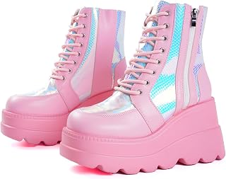 Womens Goth Platform Wedge Heel boots Lace up Gothic Punk Ankle boots Winter Side Zip Black Motorcycle Combat boots for Womens