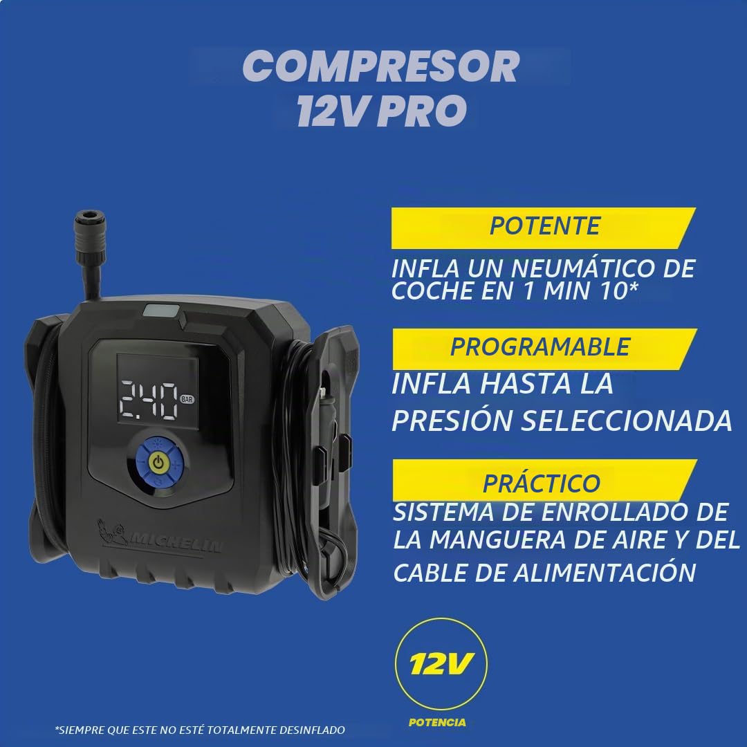 MICHELIN 009542 Compresor de Aire Eléctrico Profesional – Inflador de Neumáticos para Coche – Presión Programable 8 Bar 168W – 12V Encendedor – Infla un Neumático en 1min10 – 3 Boquillas
