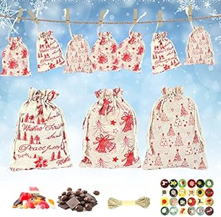 LYTIVAGEN 24 PCS Advent Calendar Cloth Bags DIY Advent Calendars Advent Digital Stickers Advent Calendar Bags Reusable Advent Bags with Drawstring Small Gift Burlap Bags for Christmas DIY Craft