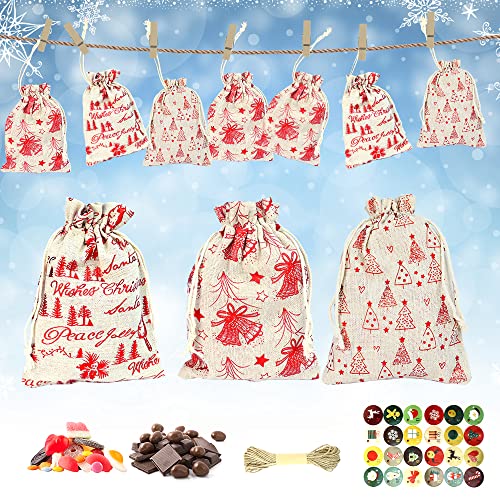 LYTIVAGEN 24 PCS Sacs Cadeaux Noël Sac en Tissu de Calendrier de l'Avent de Noël Pochon Dragees Bapteme avec 24 Autocollants 10m Cordes de Jute 24 Clips en Bois pour Emballage des Cadeaux de Noël Cover