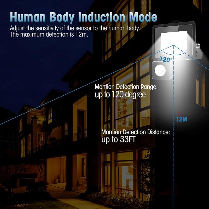 toobettp 100W LED Reflektor Mozgásérzékelővel, 10000 Lumen Meleg Fehér IP66 Vízálló Kültéri