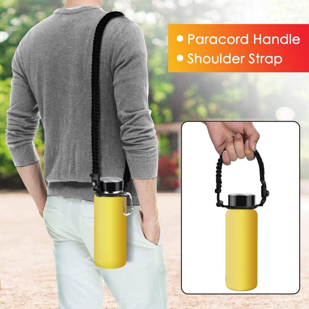 KATUMO Paracord Handle with Long Shoulder Strap for Hydro Flask, Fits for 12oz - 64oz Wide Mouth Bottles(Not for The New Hydro Flask 2.0), with Safe Ring, Fire Starter, Whistle, Compass, Snap Hook