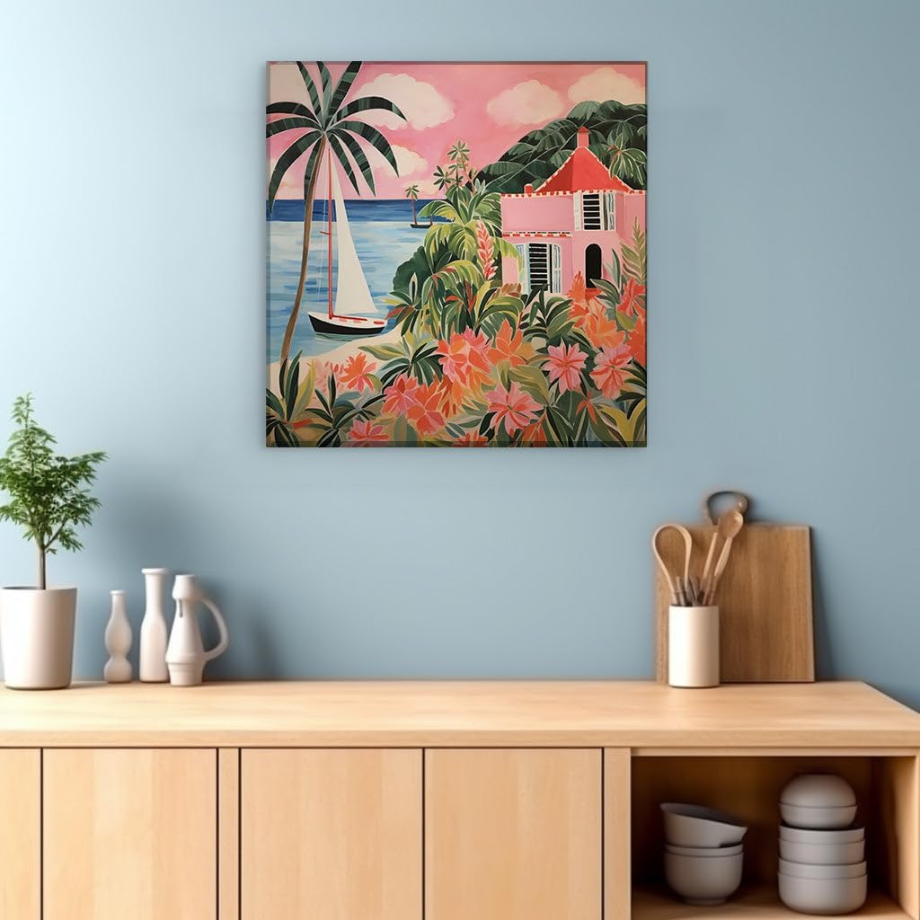 Canvas for Living Room. Serene Tropical Escape in Pink A Portrait of Paradise, 27 x 18 inch Canvas Wall Art - Contemporary Masterpieces - Botanical Home Decor