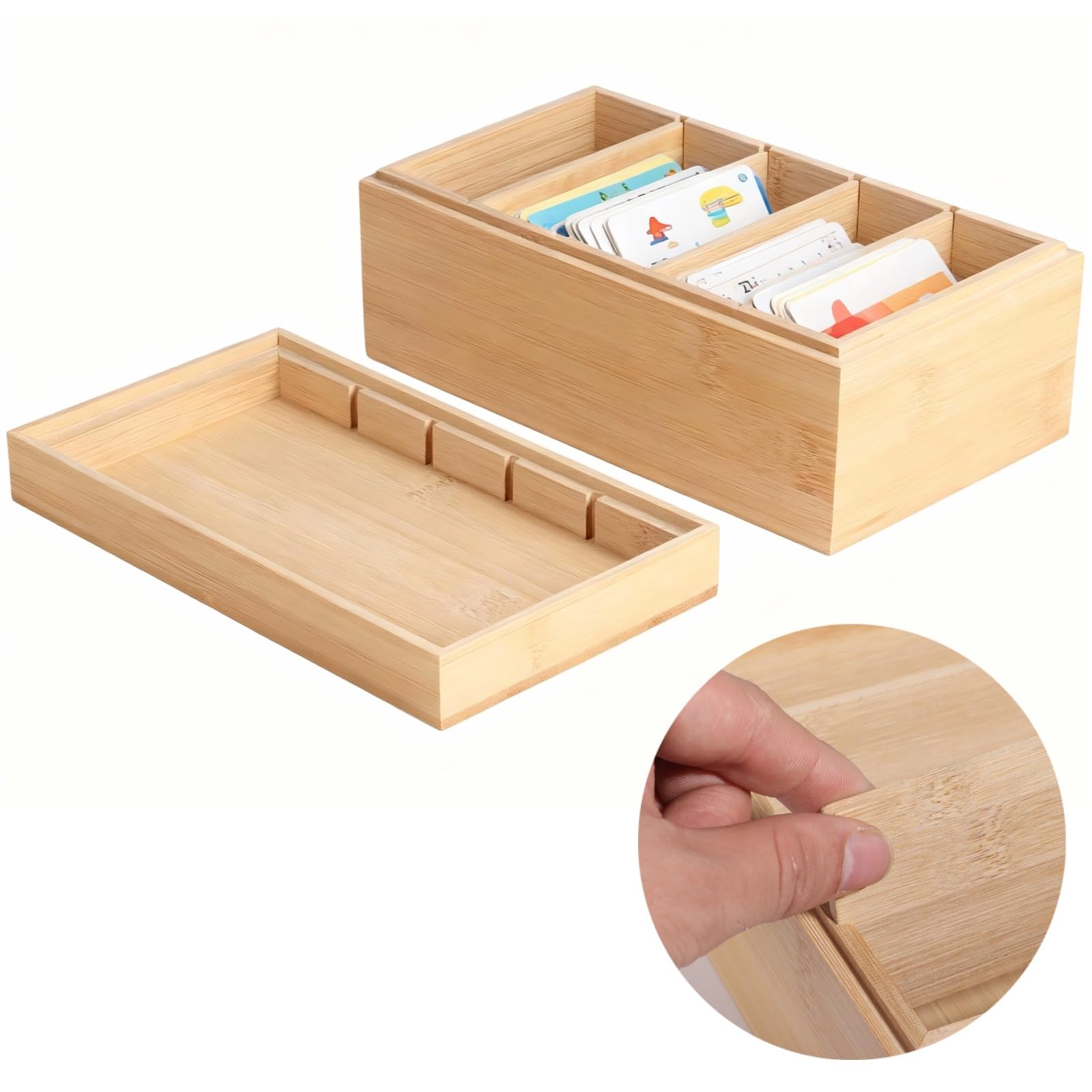 Karteikasten aus Holz mit Deckel, Lernkartenbox aus Holz, Organizer, 5 Fächer, verstellbare Trennwände, Desktop-Aufbewahrung für Visitenkarten, Lernkarten, 22,2 x 12,8 x 9,1 cm