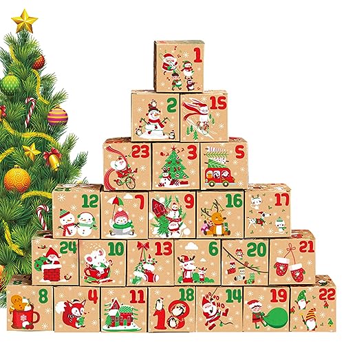 Mamiddle Calendario de Adviento 2025 Calendario de Adviento DIY Vacío con Números 24 Cajas Cuadradas para Navidad Caja Papel para Caramelos Dulces Galletas Chocolates (Marrón)