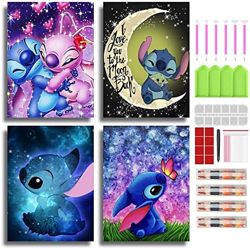 NEWSTARARTS Cartoon Diamond Painting Kits Adults and Kids, Cartoon Diamond Art DIY 5D Round Full Drill Enough Tools Perfect Relaxation and Home Wall Decor(4 Pack, 12x16 inch) DP202219STITCH