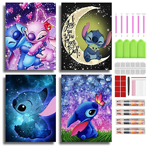 Newstararts Cartoon Diamond Painting Kits Adults And Kids, Cartoon Diamond Art Diy 5D Round Full Drill Enough Tools Perfect Relaxation And Home Wall Decor(4 Pack, 12X16 Inch) Dp202219Stitch #TOP20