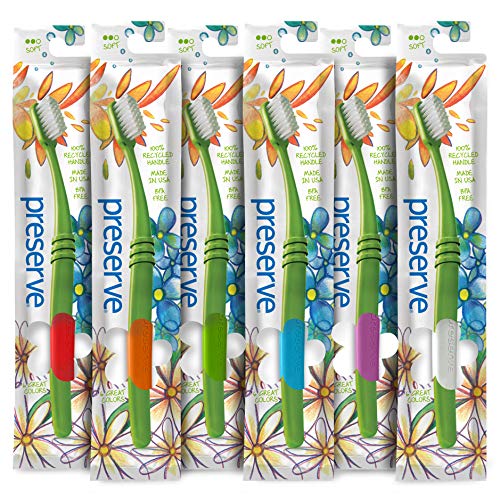 Preserve Recycled (Made in the USA) Toothbrushes in Lightweight Pouch, Soft Bristles, 6-Count, Assorted Colors