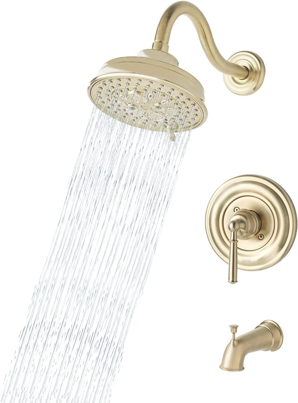 Brushed Gold Brass Bathroom Tub Shower Faucet Complete Set Combo with Valve, DAYONE Rainfall Shower Fixtures Trim Kit Mixer with 7-Function Spray Head, Single Handle Shower System, DAY141BTG