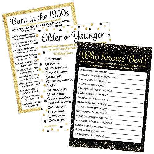 DISTINCTIVS Birthday Party Games - Born in The 1950s Black and Gold Birthday Game Bundle - 65th or 70th Birthday - Set of 3 Games for 20 Guests