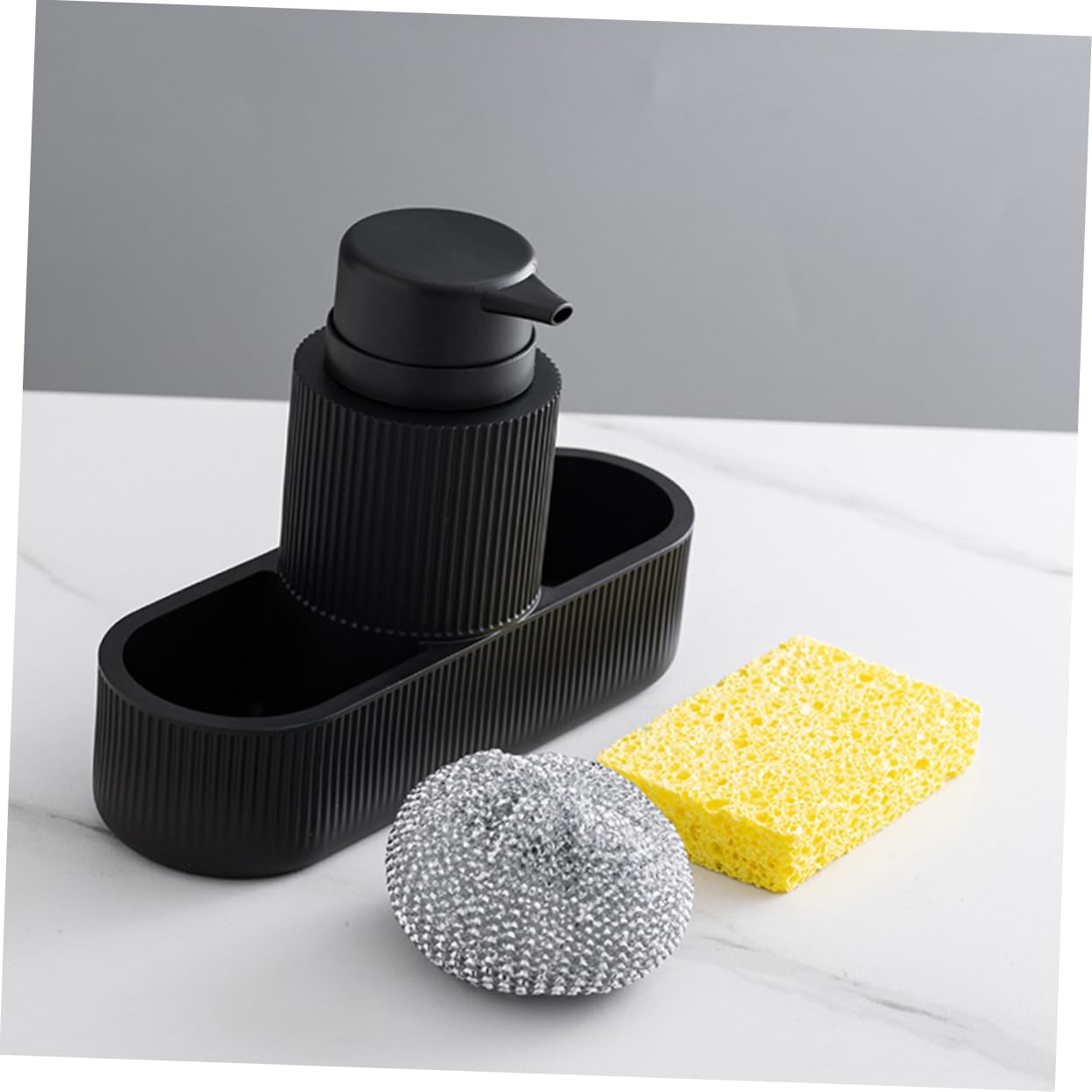 Dispenser per Detersivo Piatti Nero Pompa e Porta Spugna in Resina e Plastico, Design Elegante e Multifunzionale per Lavello Cucina