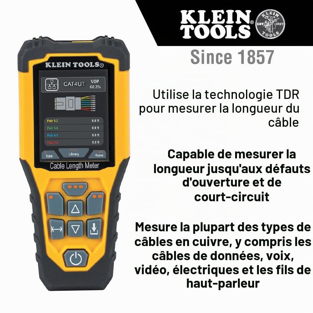 Klein Tools 501-915 | Mesureur de longueur de câbles TDR | Mesure jusqu’à ~914 m | Détecte distance à défaut ouvert ou court | Générateur de tonalité intégré | Écran LCD rétroéclairé