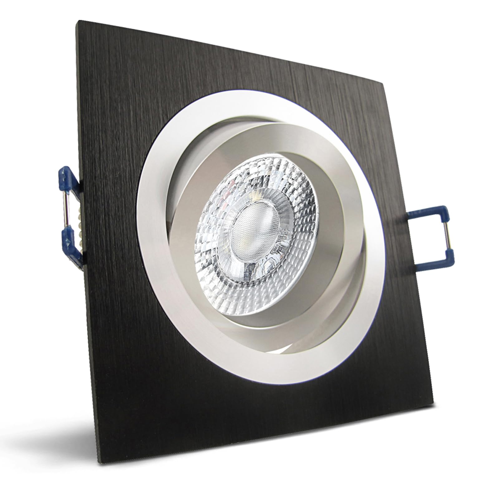 trendlights24 Noble LED Einbaustrahler flach Alu Schwarz 230V 5er Set 5W | extra flach, Einbautiefe 35 mm, LED Spots, Warmweiß, 3000k, 50° Abstrahlwinkel, Decken Einbauleuchte, eckig, schwenkbar