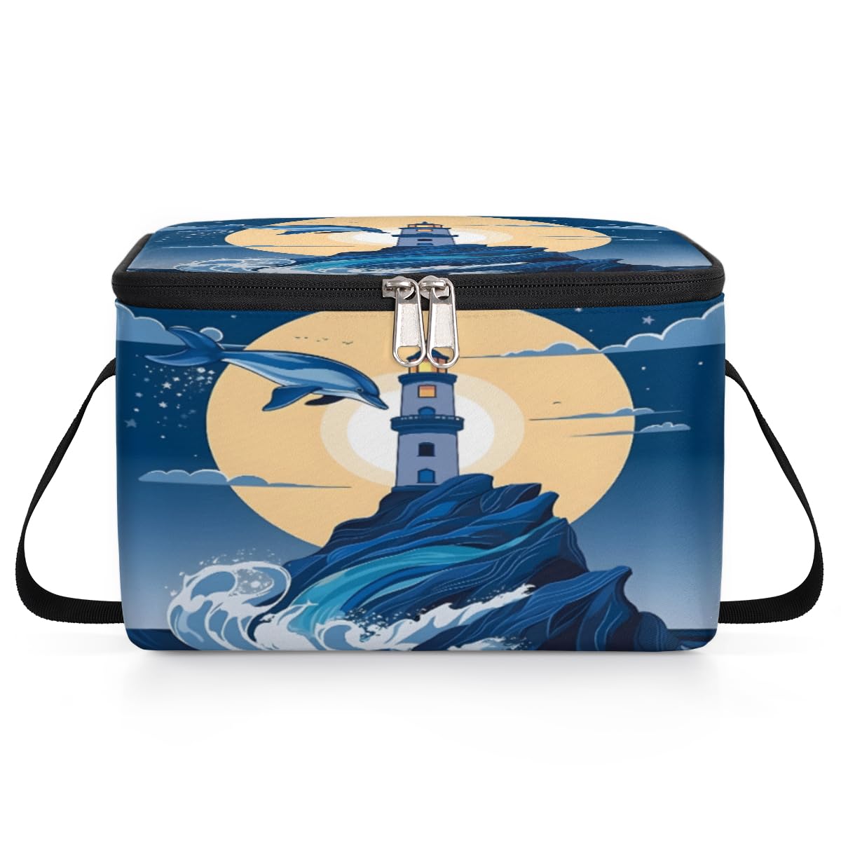 GzLeyigou Lighthouse Lunch Bags for Women Men 9 Cans, Hot & Cold Food Delivery Bag Insulated Grocery Bag Insulated Lunch Box Ocean Dolphin Cooler Bag for Office Work Picnic Beach