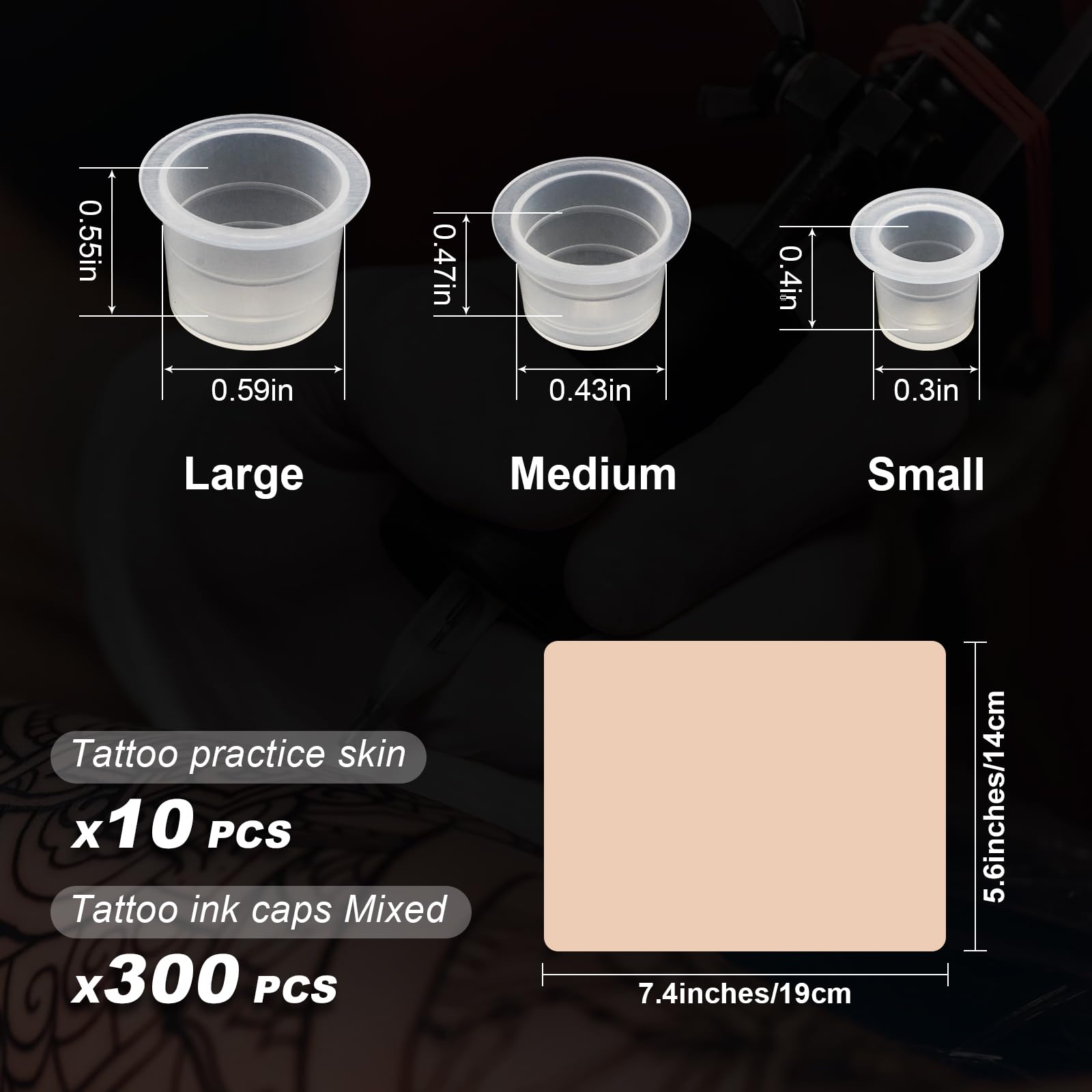 Autdor 310Pcs Tattoo Practice Skins and Ink Caps Kit - Mixed 300Pcs Pigment Ink Cups #9 Small, #13 Medium, #16 Large and 10Pcs Tattoo Skin