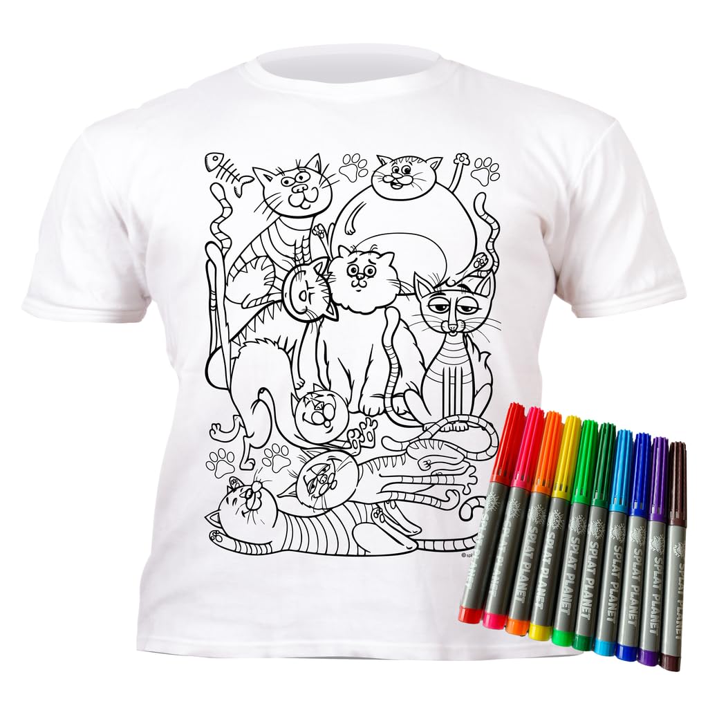 Colour-in Cats T-Shirt With 10 Non-Toxic Washable Magic Pens - Colour Your Own and Wash Out T-Shirt
