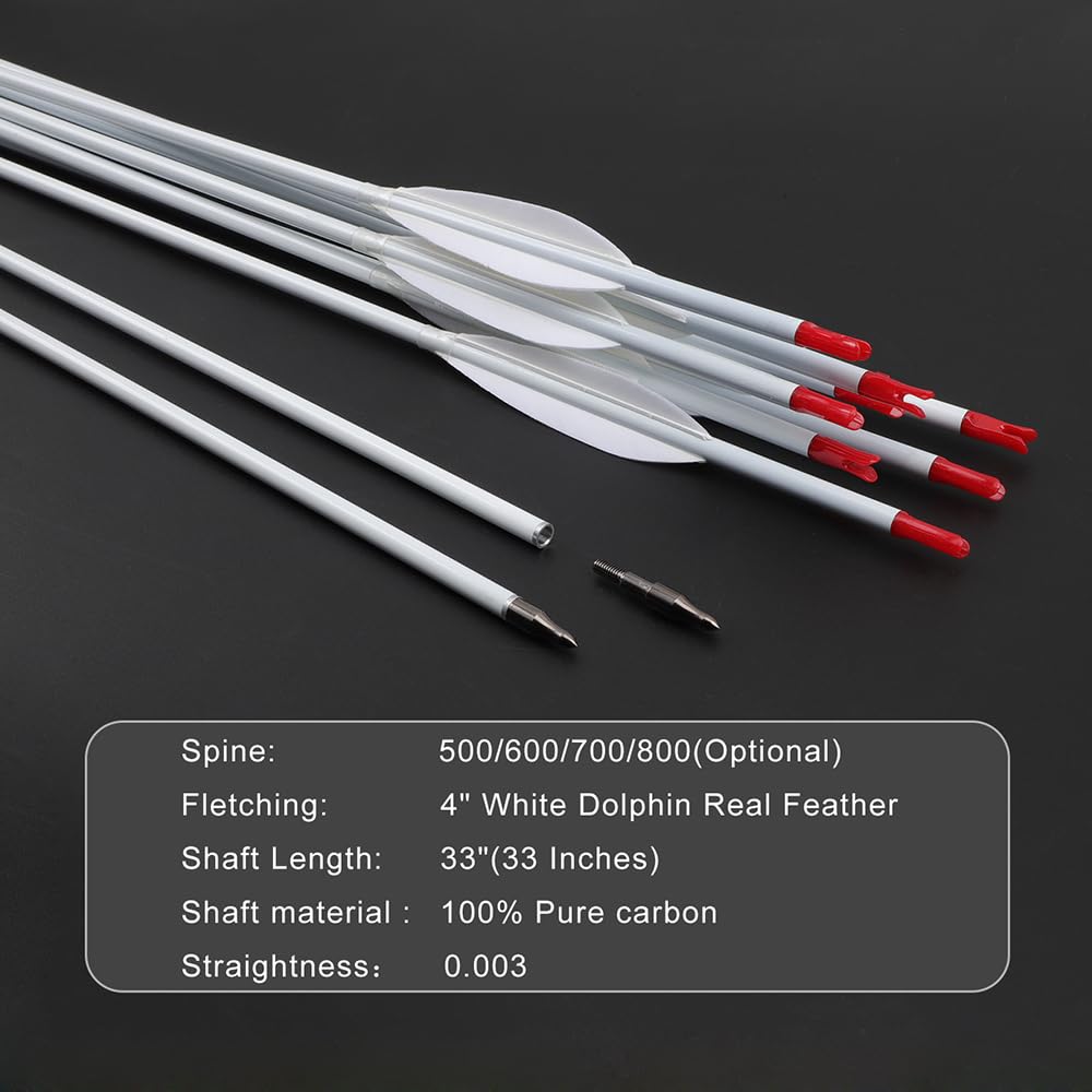 12 pz Tiro con Arco Flechas de Caza Spine 500 600 700 800 Flecha de Carbono-Puro 4" Pluma Natural Blanca para Arco Compuesto/Recurvo Práctica de Tiro y Caza