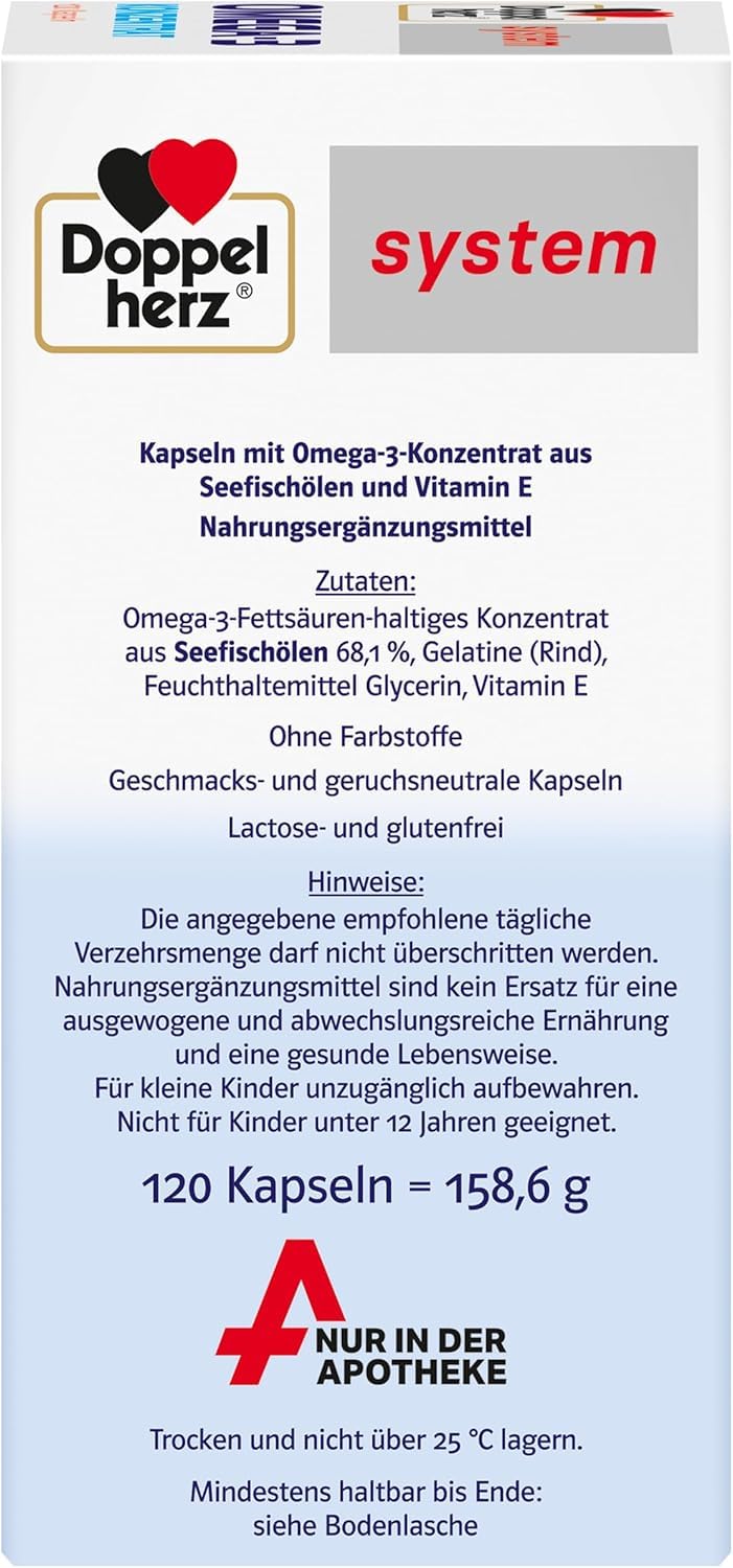 Doppelherz system OMEGA-3 KONZENRAT – Mit 300 mg EPA und 200 mg DHA pro Kapsel als Beitrag für die normale Gehirn- und Herzfunktion – 2 x 120 Kapseln